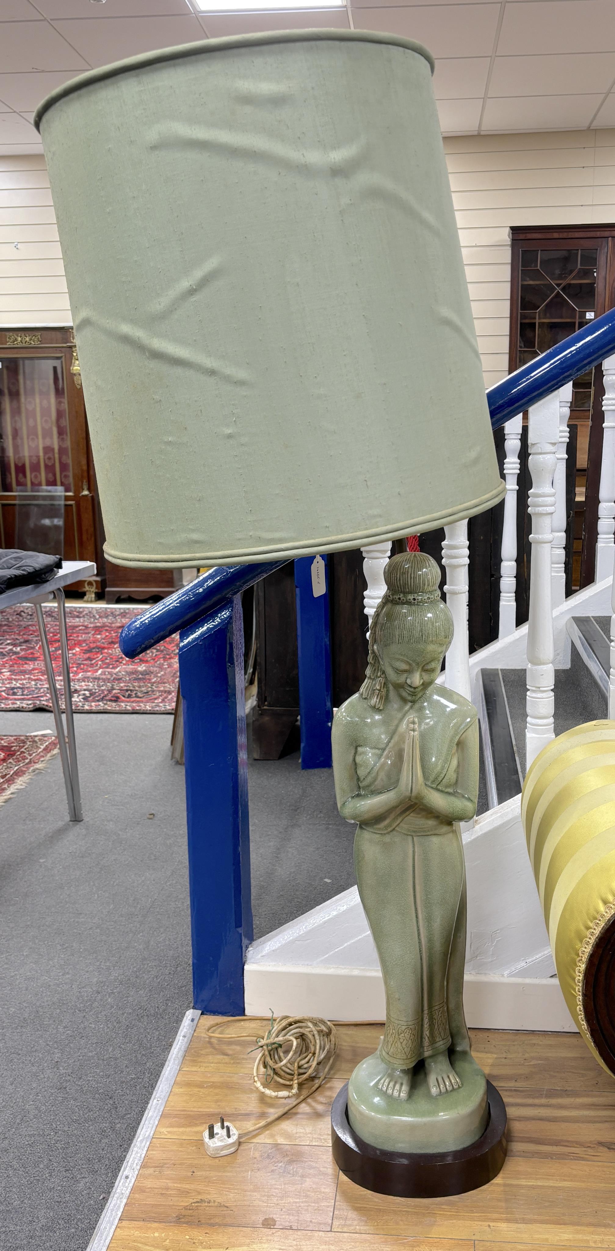 A large Chinese celadon figural lamp, height 144cm including shade